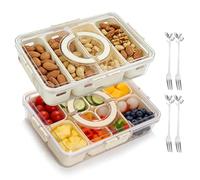 SICANAUO 2pcs Divided Snack Box with Lid and Handle, Portable Food Storage Container with 4 and 8 Compartments, Reusable Clear Appetizer Organizer for Fruit Vegetables Spices Candy Fruits Nuts Snacks