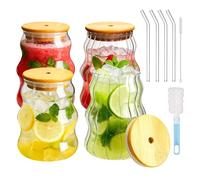 SICANAUO 4Pcs 530ml Drinking Glasses with Bamboo Lids and Glass Straws, Vintage Ribbed Glassware, Iced Coffee Cup, Clear Glass Tumbler with 2 Cleaning Brushes for Coocktail Iced Coffee Smoothie Party