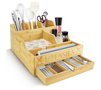 SICANAUO Large Kitchen Utensil Holder with 11 Compartments, Wooden Utensil Organizer for Kitchen Countertop, Culery Drawer Organiser for Farmhouse Decor, Forks, Spoons,Knives,Cooking Tools (Log Color)