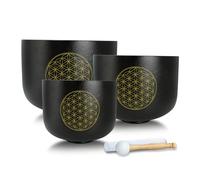 Siceeoly 8"B 10"F 12"C Set of 3 Life of Flower Black Singing Bowls Frosted Chakra Quartz Sound Healing Crystal with 1 Mallet Suede 1 Striker 3 O-rings