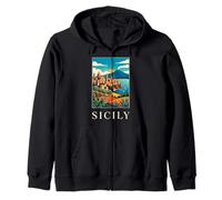 Sicily Italy Coastal Volcano Travel Poster Art Zip Hoodie
