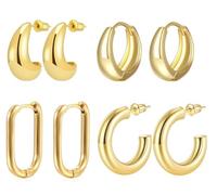 SICOPEE Chunky Gold Hoop Earrings Set for Women, 4 Pairs Gold Teardrop Open Hollow Hoops, 14K Gold Plated Hypoallergenic Earrings Set for Gift
