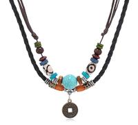 SICOPEE Unisex Tribal Layered Necklace Turquoise Bead Western Necklace for Women Men Adjustable Boho Wood Beads Necklace Vintage Choker Necklace Bohemian Jewelry for Women Men, Blue,Black
