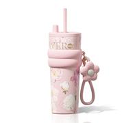 Sidagar 24 oz Insulated Tumbler witn Lid and Straw, Stainless Steel Reusable Leak Proof Water Bottle with Strap, Travel Portable Iced Coffee Mug for Hot and Cold, Thermal Cup for Women, Floral Pink
