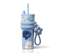 Sidagar 24 oz Insulated Tumbler witn Lid and Straw, Stainless Steel Reusable Leak Proof Water Bottle, Travel Portable Coffee Mug for Hot and Cold, Thermal Cup for Women, Floral Blue