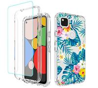 Sidande Case for Google Pixel 4A (Not Fit 5G) G025J Case with Tempered Glass Screen Protector, Full Body Clear Floral TPU Slim Phone Protective Armor Cover for Google Pixel 4A (Flowers & Leaves)