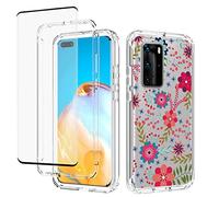 sidande Case for Huawei P40 Pro Case, ELS-N04 ELS-NX9 Case with Tempered Glass Screen Protector, Full Body Clear Floral TPU Slim Phone Protective Armor Cover for Huawei P40 Pro (Floral Prints)