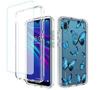 Sidande Case for Huawei Y6 2019/Y6 Prime 2019/Y6s/Honor 8A Case with Tempered Glass Screen Protector, Full Body Clear Floral TPU Slim Phone Protective Armor Cover for Huawei Y6 2019 (Butterfly)
