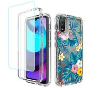 sidande Case for Moto E20/Moto E30/Moto E40 Case, XT2155 Case with Tempered Glass Screen Protector, Full Body Clear Floral TPU Phone Protective Armor Cover for Motorola Moto E20 (Flowers & Leaves)
