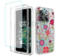 Sidande Case for OnePlus 10T 5G 2022, CPH2415 - Clear Floral TPU Slim Phone Protective Armor Cover with Tempered Glass Screen Protector - Shock Absorbing, Rugged, Not Water Resistant