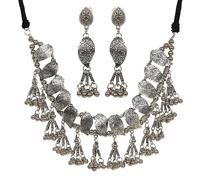 Siddhatva Designer Afghani Antique Oxidised Silver Indian Ethnic Tribal Gypsy Choker Necklace Earrings Jewelry Women, L, Metal, No Gemstone