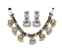 Siddhatva Indian Designer Statement Afghani Silver Oxidised Dual Tone Ethnic Traditional Tassel Choker Necklace Jewelry Women, Metal, No Gemstone