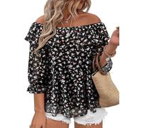 Siddhe Womens Plus Size Tops 3/4 Sleeve off the Shoulder Dressy Casual Curvy Shirts Ruffle Chiffon Blouses Crew Neck Tunic, Floral Black, 5XL