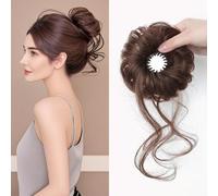 Side Bun Hairpiece for Women-All-in-One Floral Bun Updo Tool with High Crown Clip-In Extensions&Volumizing Ring(Dark Brown)
