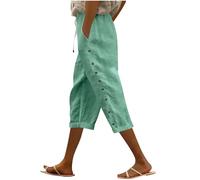Side Button Trousers Women Cotton Linen Cropped Pants with Pocket Solid Casual High Waisted Trousers Office Work Straight Leg Capris Joggers Beach Holiday Summer Clothes 03 Mint Green L