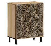 Side Cabinet 60x33x75cm Natural Mango Wood Hand-Carved Floral Retro Iron Legs UK