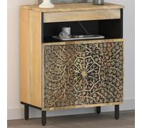 Side cabinet Solid natural mango wood 60x33x75 cm Hand-carved floral, iron legs