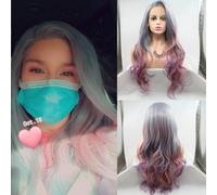 Side Part Colorful Mermaid Gray Ombre Purple Pink Synthetic Lace Front Wigs for Women Girls Party Cosplay Wedding Wigs Purple Pink Gray Mixed Color Long Body Wave Natural Hairline Heat Resistant 24"