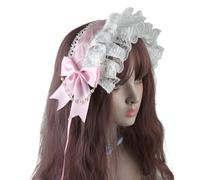 Side Ribbon Headdress with White Openwork Ruffle, Light A, B | White Ruffled Openwork Trim, Statement Side Ribbon Ornament, Draped Pearl-Look Bead Accent, Head-Worn Design Detail