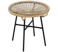 Side Table Black 50cm Round PE Rattan Tempered Glass Outdoor Patio Small Coffee