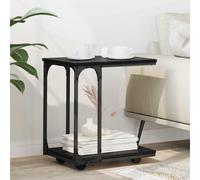 Side Table C-Shape Black Oak 50x35x55.5cm Engineered Wood Metal Frame Wheels New