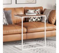 Side Table C-Shaped White Brown 55x35x66cm Engineered Wood Iron Compact Modern.