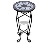 Side Table Mosaic Black White with Weatherproof Ceramic Table Top 30 cm Diameter Iron Frame for Balcony Patio Garden Living Room as Plant Stand and Decoration