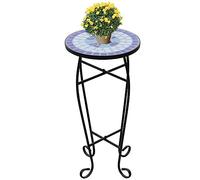 Side Table Mosaic Blue White with Weatherproof Ceramic Top and Robust Iron Frame 30 cm Diameter 60 cm Height for Balcony Garden Patio and Living Room as Plant Stand and