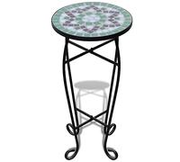 Side Table Mosaic Green White with Ceramic Top, Iron Frame, 30 cm Diameter, 60 cm Height, for Balcony, Patio, Garden, Living Room, Weatherproof, Decorative and Robust