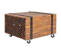 Side Table Natural Teak 60x60x38cm Rustic Hardwood Wheels Castors Black Straps