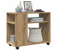 Side table Oak 70x35x60cm Engineered Wood 2-Shelf Mobile Lockable with 4 Wheels