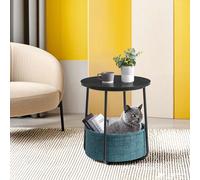 Side Table, Round End Table with Fabric Basket, for Living Room Bedroom, Black with Wood Grain + Dark
