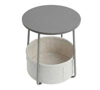Side Table, Round End Table with Fabric Basket, for Living Room Bedroom, Cement Grey + Cloud White