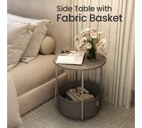Side Table, Round End Table with Fabric Basket, for Living Room Bedroom, Dove Grey + Slate Grey