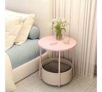 Side Table, Round End Table with Fabric Basket, for Living Room Bedroom, Pastel Pink + Cloud White