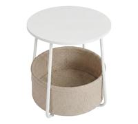 Side Table, Round End Table with Fabric Basket, for Living Room Bedroom, White + Beige