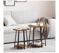 Side Table Set 2pc Smoked Oak Top 50x50x51cm Metal Frame Industrial Round Shelf