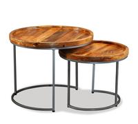 Side Table Set 2pcs Round Natural Mango Wood & Black Iron 55x45cm/45x38cm Retro