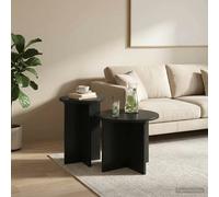Side Table Set Black Oak Engineered Wood Ø45x35cm & Ø29.5x49cm Modern Minimalist