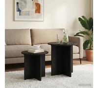 Side Table Set Black Oak Engineered Wood Ø45x45 & Ø37x35cm Modern Nesting Pair .