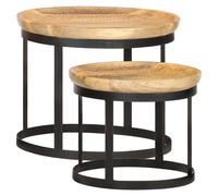 Side Table Set Brown Black Solid Mango Wood & Steel 53x44cm 43x36cm CarvedFlower