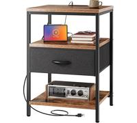 Side Table with Charging Station, Narrow Bedside Table with 2 Sockets and 2 USB Ports, 3-Tier Nightstand with Drawer, End Tables Xample Dark Brown 40cm x 30cm