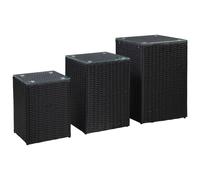Side Tables 3pc Black Poly Rattan Glass Metal 35x35x52cm Outdoor Indoor Compact
