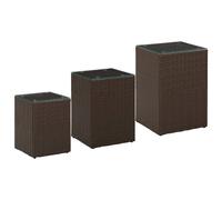 Side Tables 3pc Brown Poly Rattan Glass Metal 35x35x52cm Set of 3 Mini Patio End