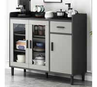 Sideboard 100Cm Grey with Glass Doors and Drawer,Modern Storage Cabinet with Adjustable Shelves,Slim Buffet Cabinet Coffee Bar Unit for Kitchen Dining Room Living Room Entryway A