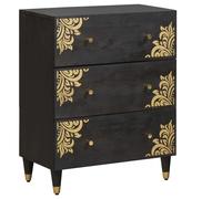 Sideboard Black 60x33x75 cm Solid Mango Wood Brass Legs Knobs 3-Storage Shelf XL