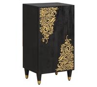 Sideboard Black Solid Mango Wood 40x33x75cm Gold Screen Print Brass Knobs 1-Door