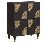 Sideboard Black Solid Mango Wood 60x33x75cm Gold Screen Print Brass Knobs 4-Door