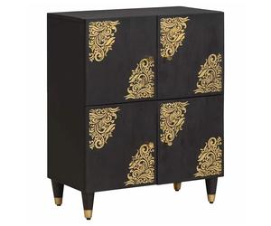 Sideboard Black Solid Mango Wood 60x33x75cm Gold Screen Print Brass Knobs 4-Door