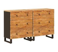 Sideboard Brown Solid Mango Wood 60x33x75 cm 6 Drawers Black Metal Legs Set of 2